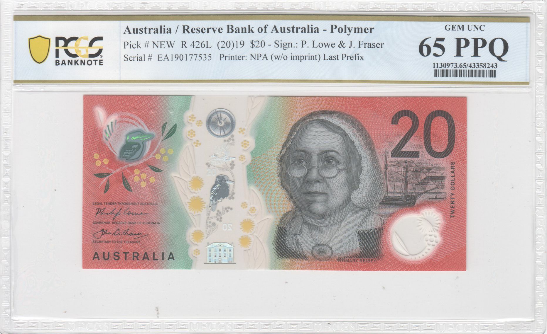 Lowe/Fraser, Last Prefix, Twenty Dollar, 2019, PCGS Gem UNC 65 PPQ