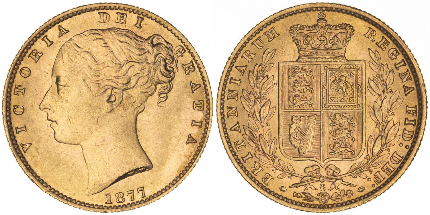 Victoria, Shield Reverse, Sovereign, 1877-S, UNC - CHU