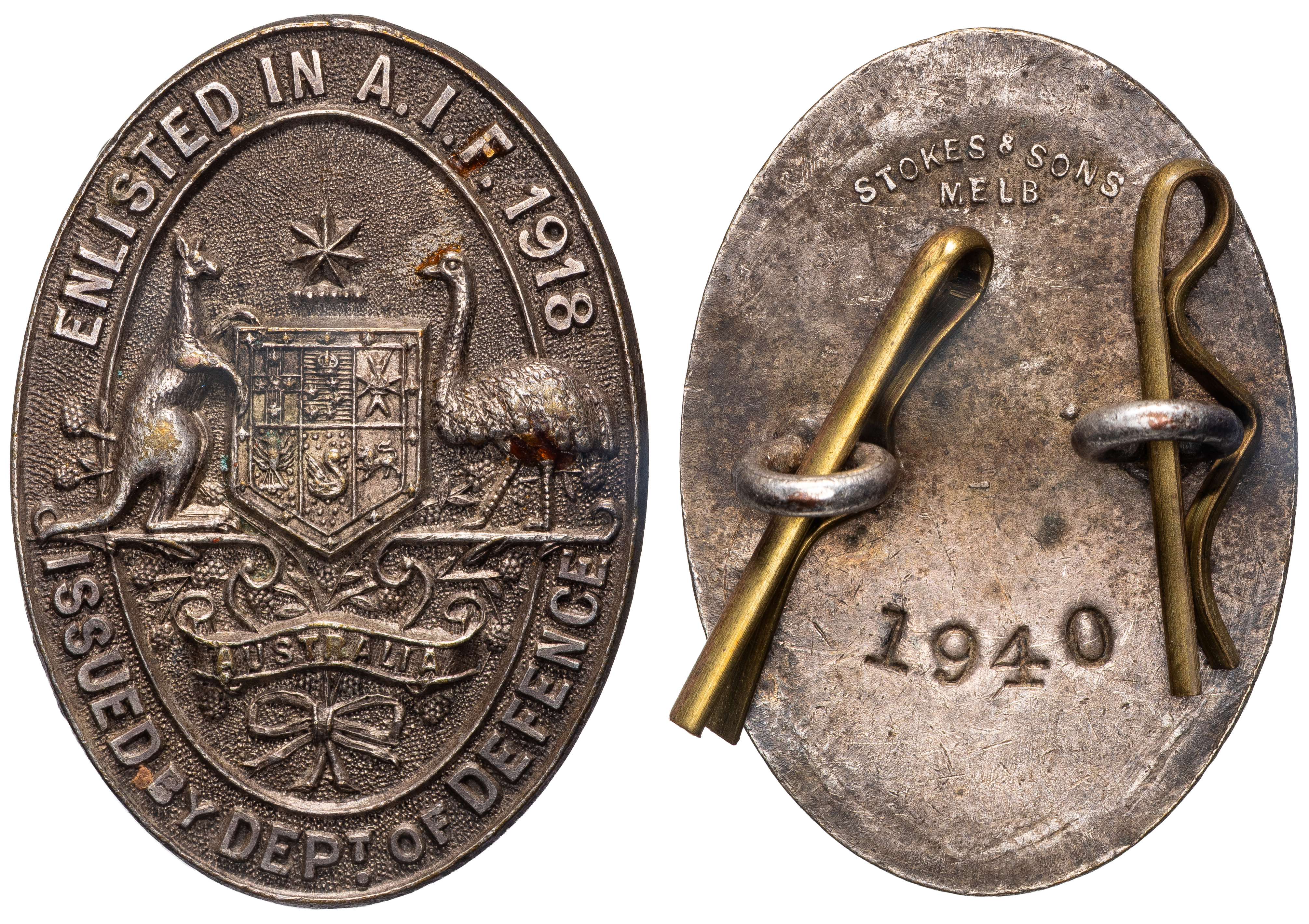 Stokes & Sons - Enlisted in A.I.F Badge, 1918, aUNC