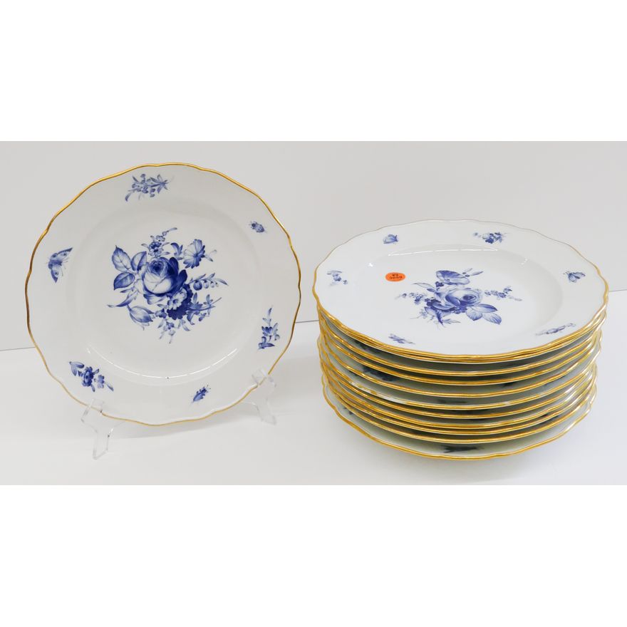 12pc Meissen Blue Flowers and Insects Porcelain Dinner Plates