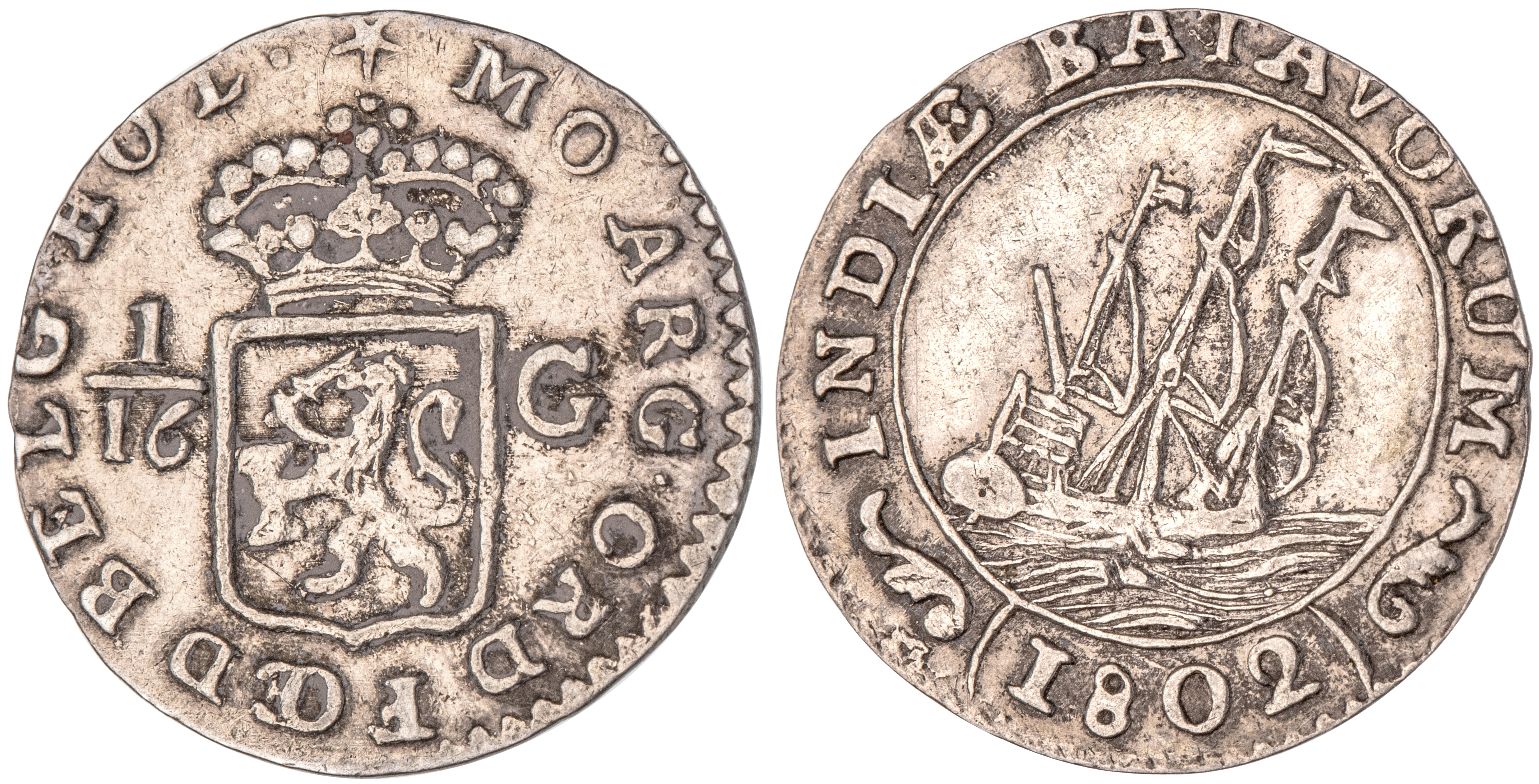 Netherlands East Indies, 1/16 Gulden, 1802, EF