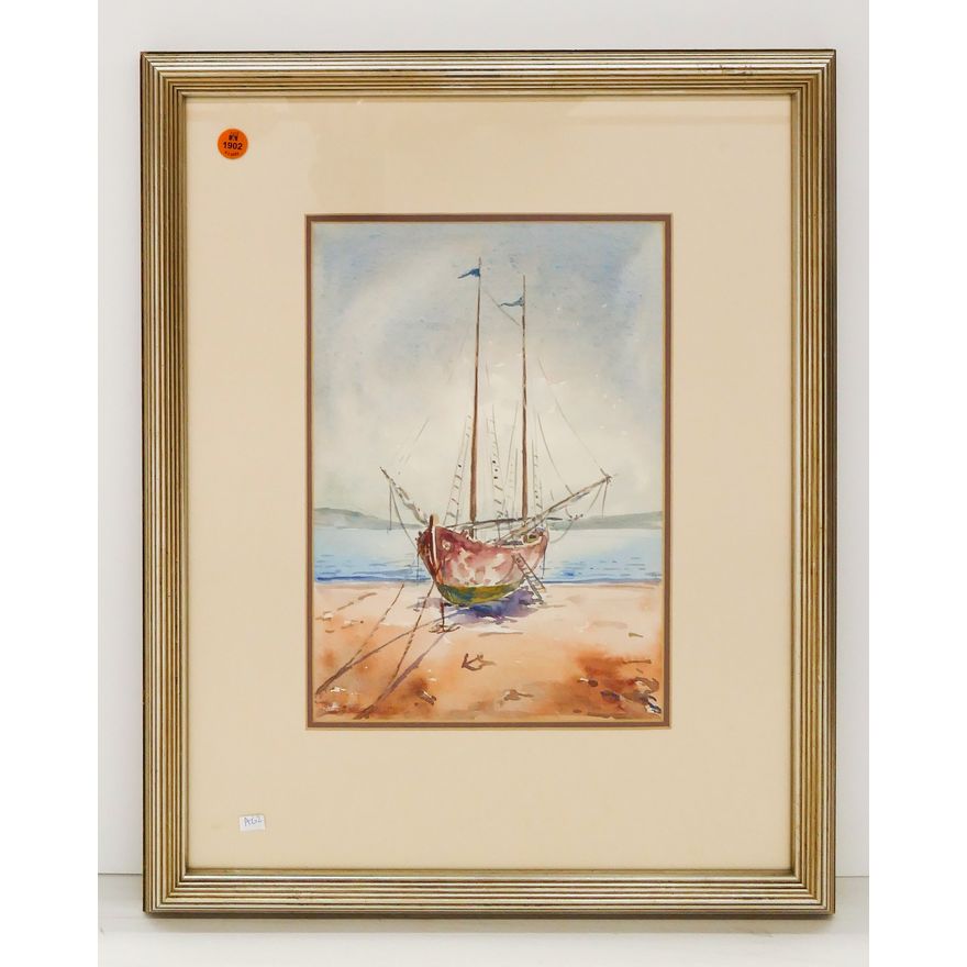 Sailboat on Shore Watercolor illegibly signed Framed- 21x17''