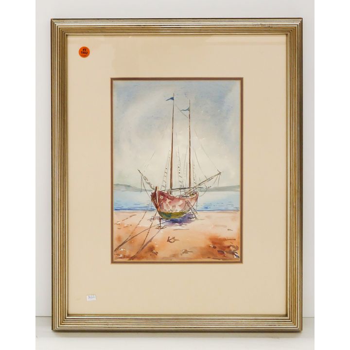 Sailboat on Shore Watercolor illegibly signed Framed- 21x17''