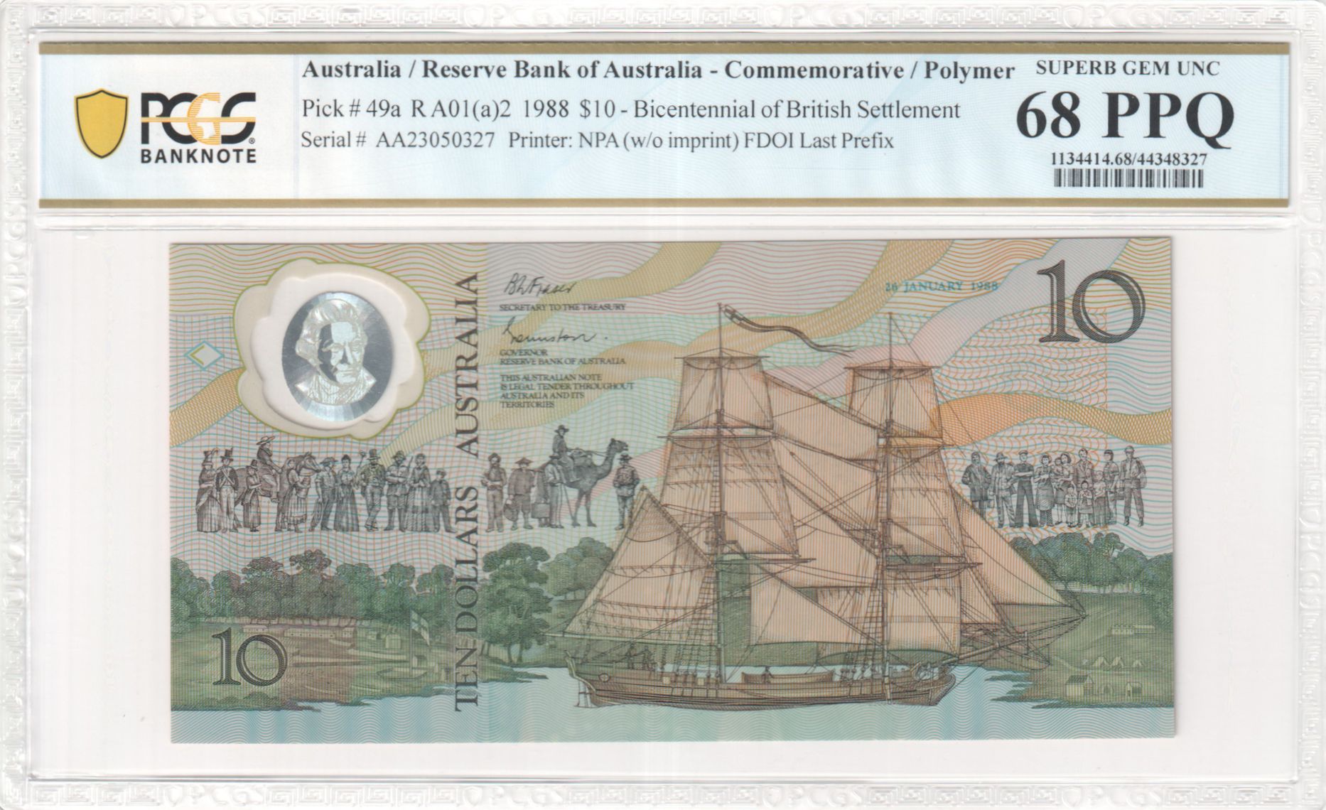 Commemorative / Polymer, Bicentennial of British Settlement, FDOI Last Prefix, Ten Dollar, 1988, PCGS Superb Gem UNC 68 PPQ
