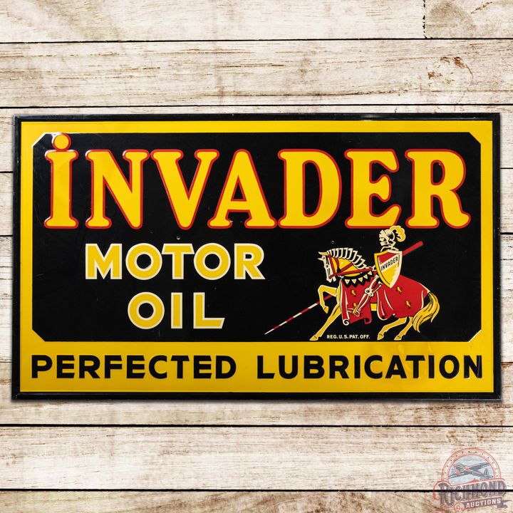 Invader Motor Oil Perfected Lubrication 5' Embossed SS Tin Sign w/ Knight