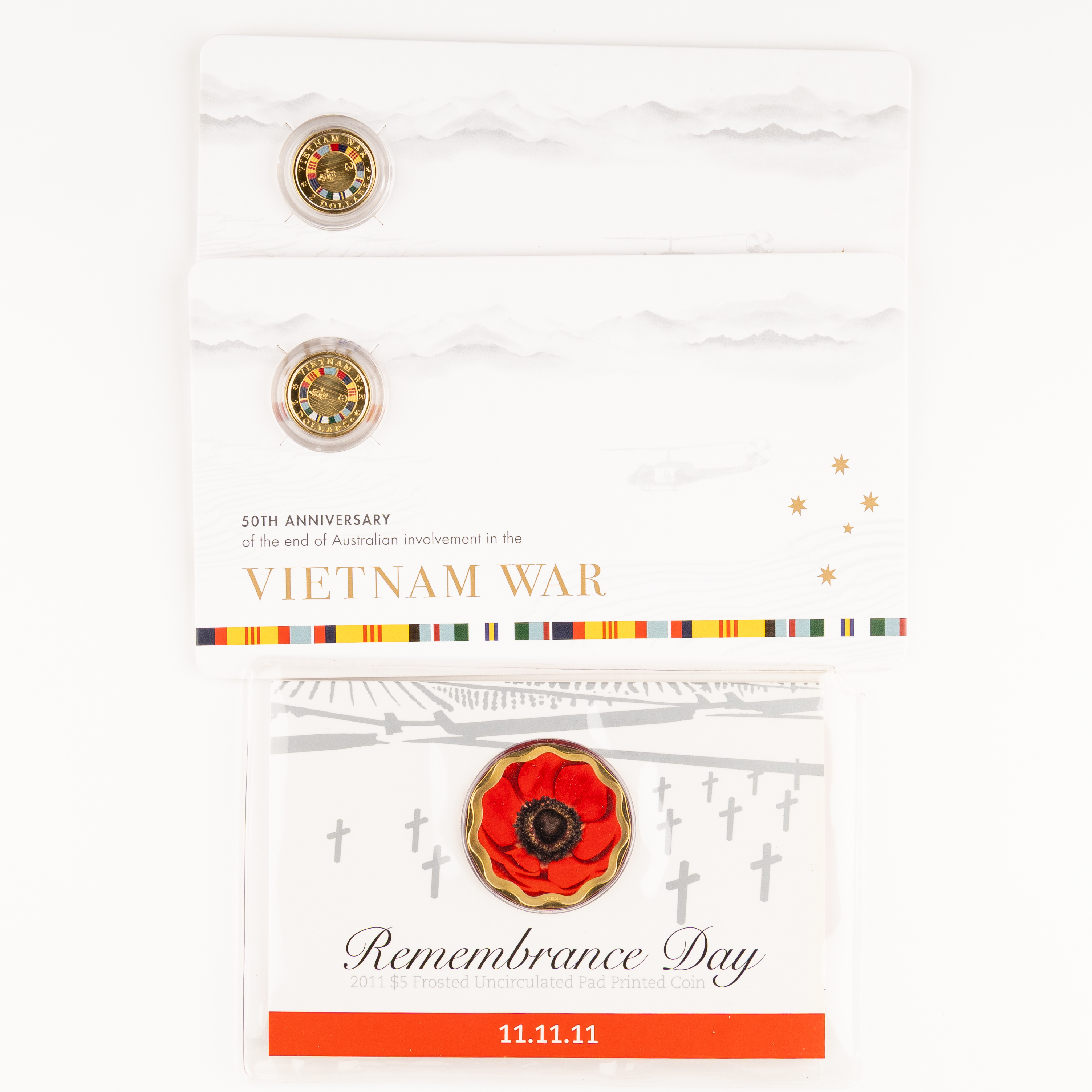 Elizabeth II, Remembrance Day & 50th Anniv. of the end of Australian involvement in the Vietnam War, Two Dollars - Five Dollars, 2011 - 2023-C, UNC