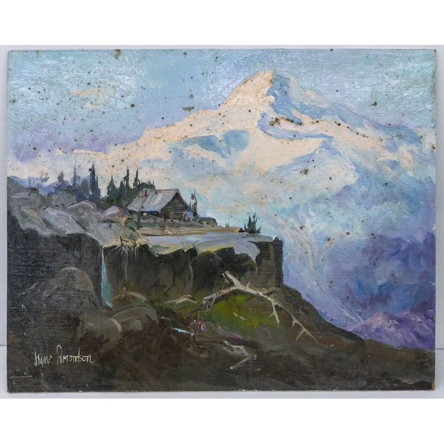 Gene Amondson ''Cabin & Mountain'' Oil on Masonite 16''x20'' - Some damage