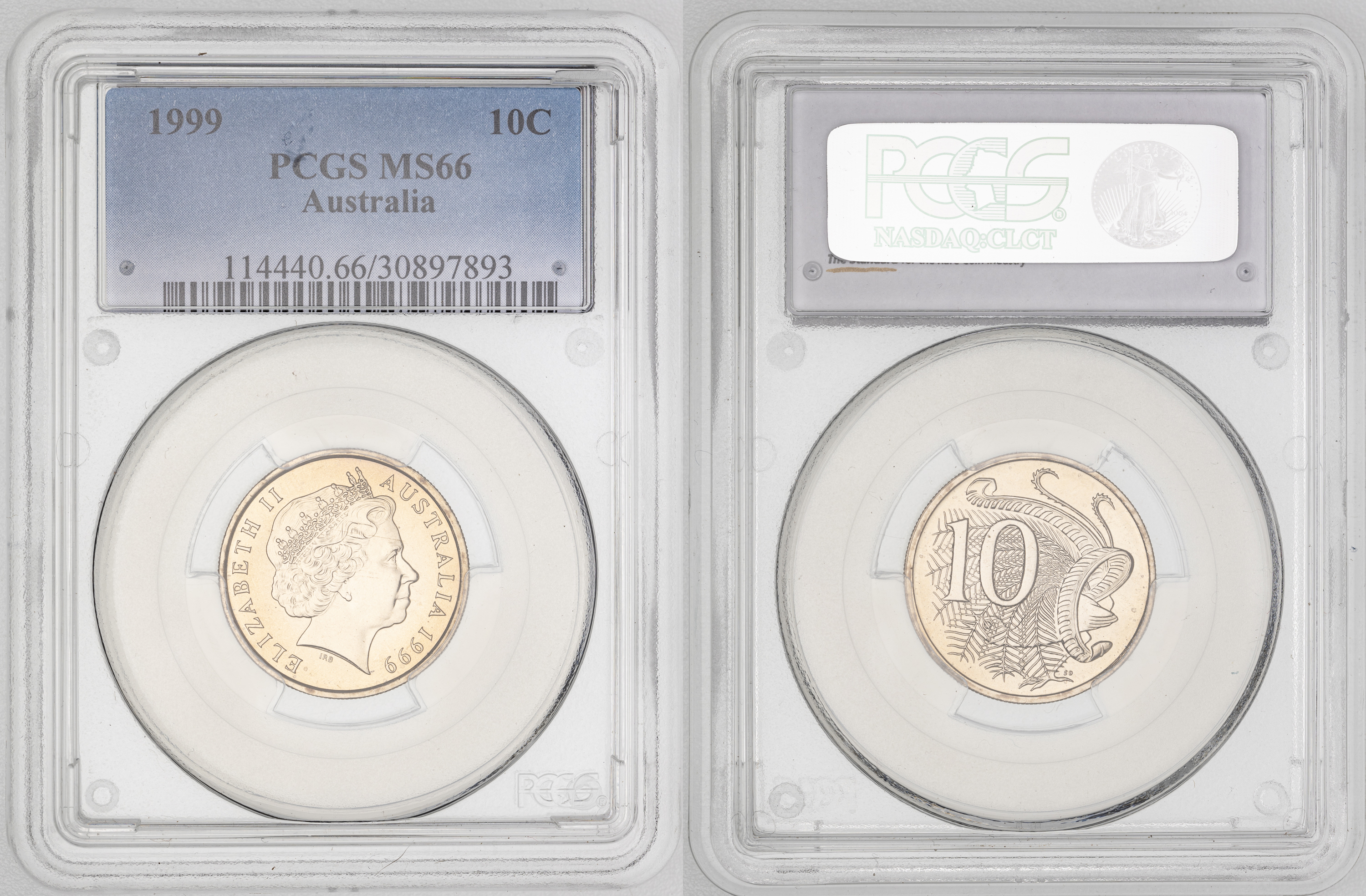 Elizabeth II, Small Head , Ten Cent, 1999, PCGS MS66