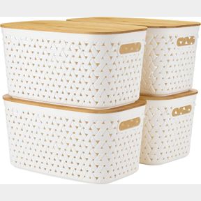 PLASTIC STORAGE BINS WITH BAMBOO LIDS SET OF 4 - PANTRY ORGANIZATION AND STORAGE CONTAINERS STORAGE BASKETS - STACKABLE STORAGE BI