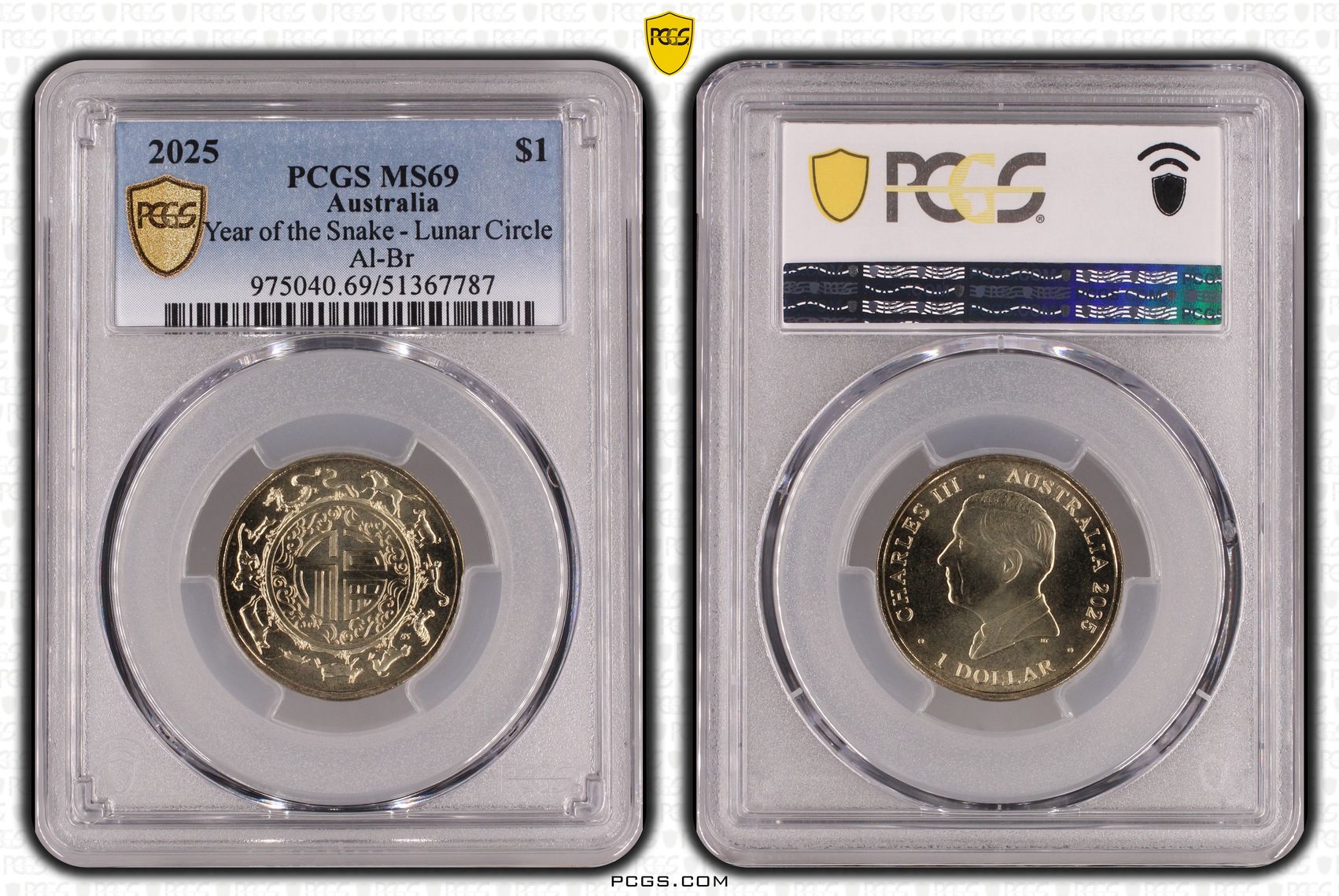 Year of the Snake Lunar Circle Al-Br, POP 4/0, One Dollar, 2025, PCGS MS69