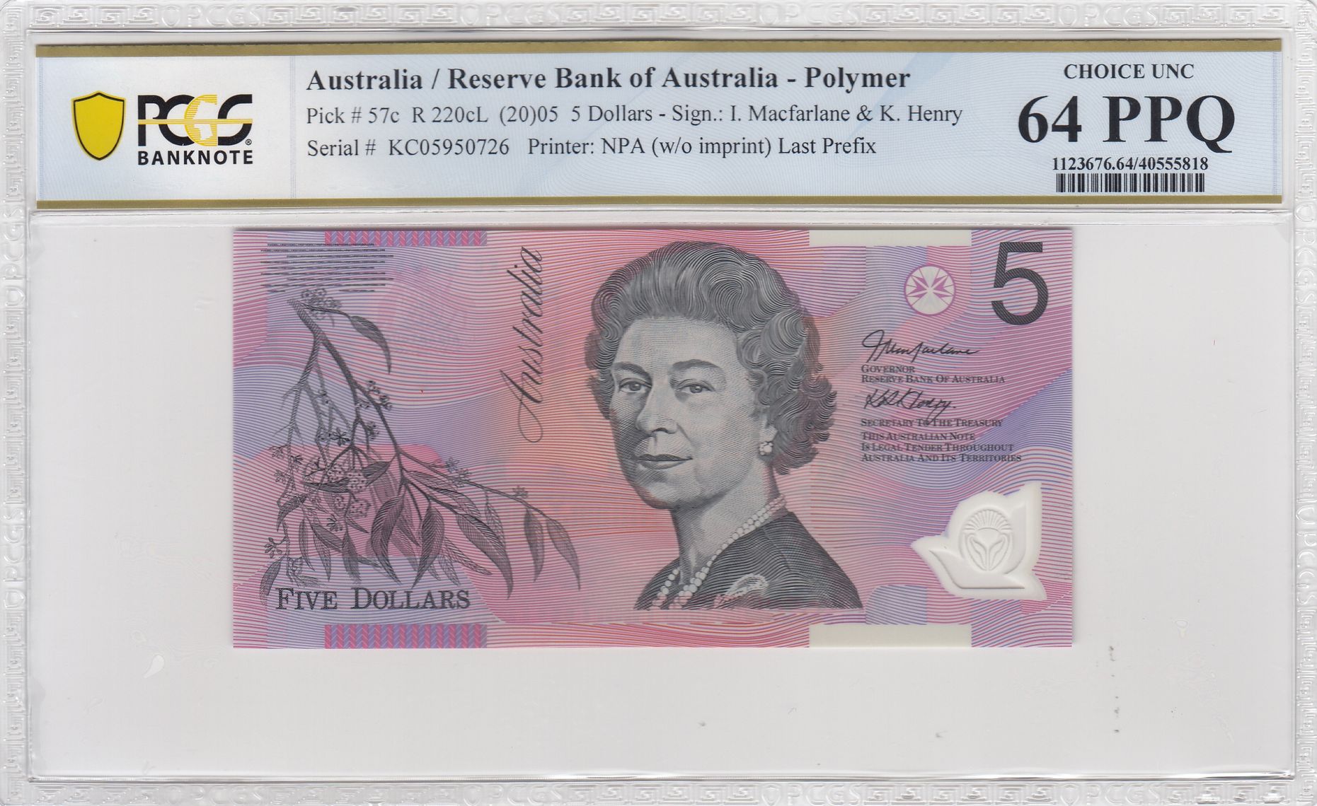 2005 Australia $5 Banknote Macfarlane/Henry Last Prefix Choice UNC 64 PPQ PCGS