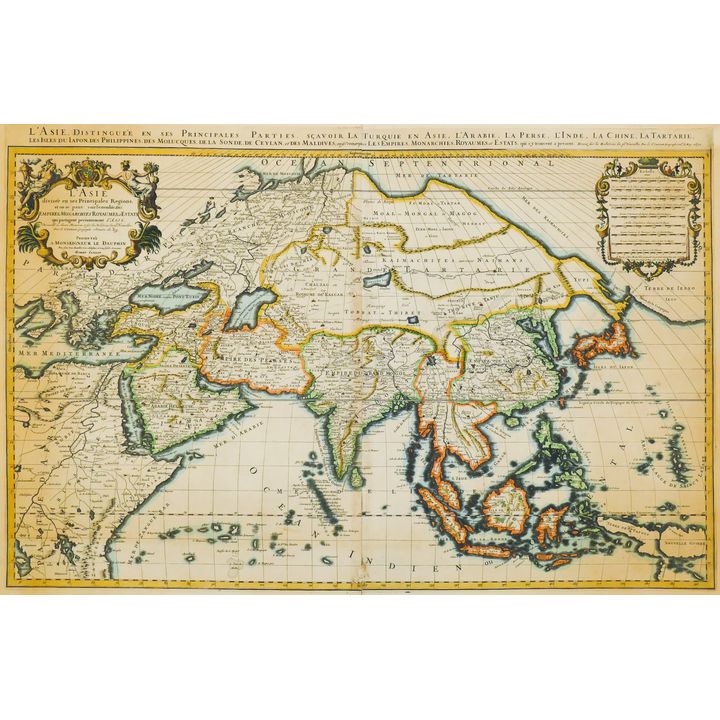 Antique Handcolored French Map of Asia dated 1692-  26x38'' board