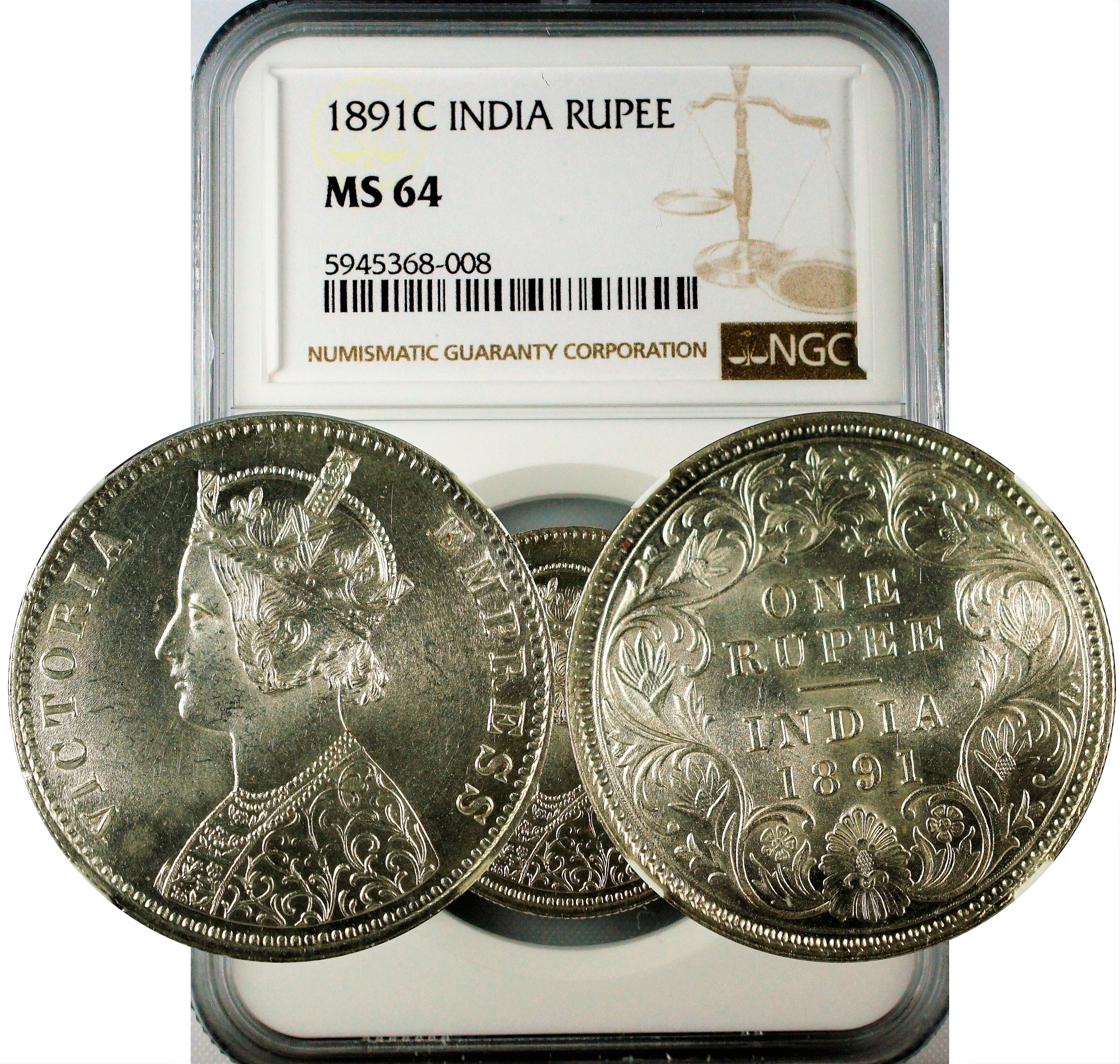 India 1891 C Rupee NGC MS64