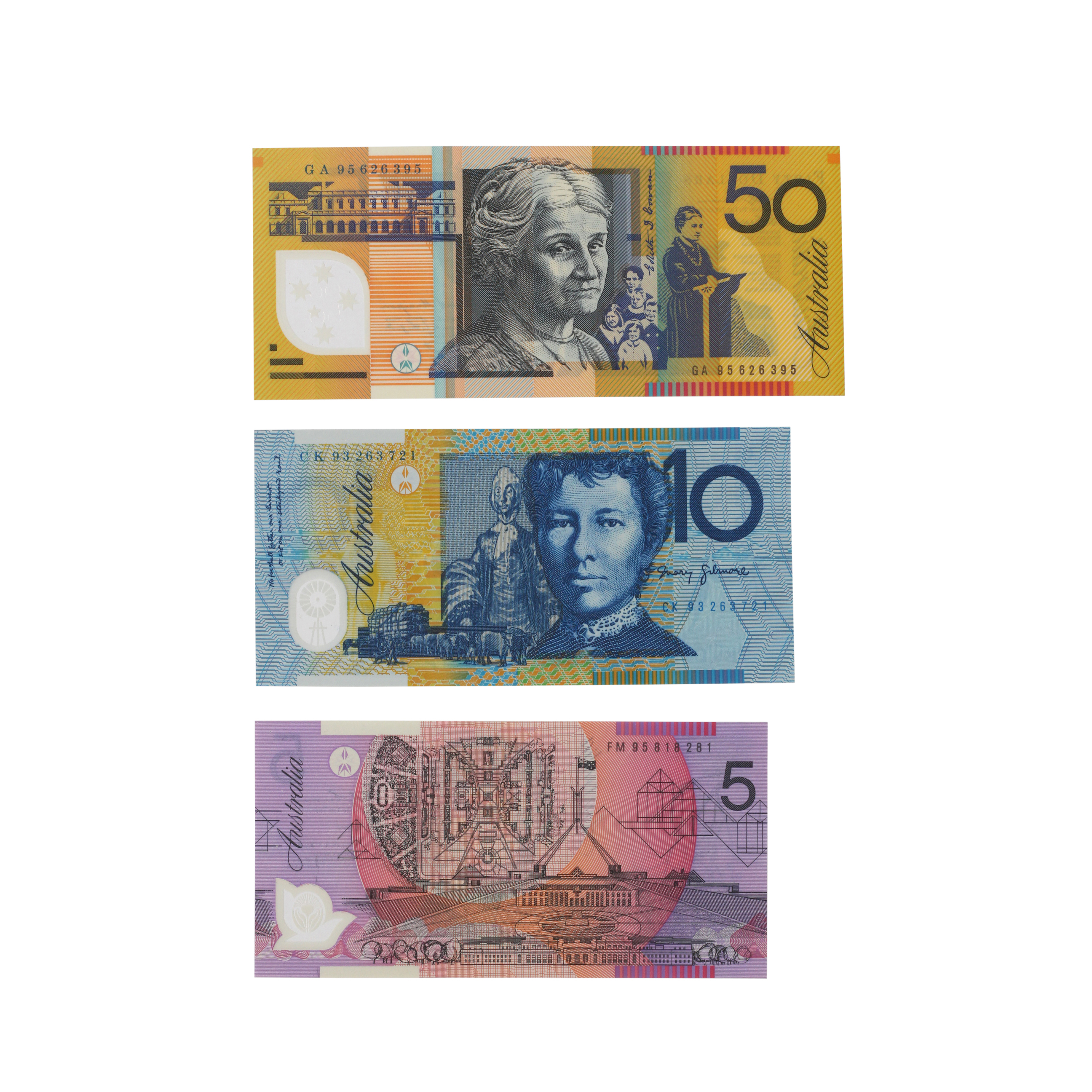 2101. · Accumulation, Five, Ten & Fifty Dollar,  1993-5, UNC