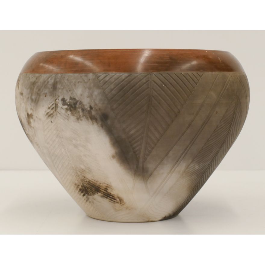 Nancy Meeker Raku Feather Pottery Bowl 6.5''x9''