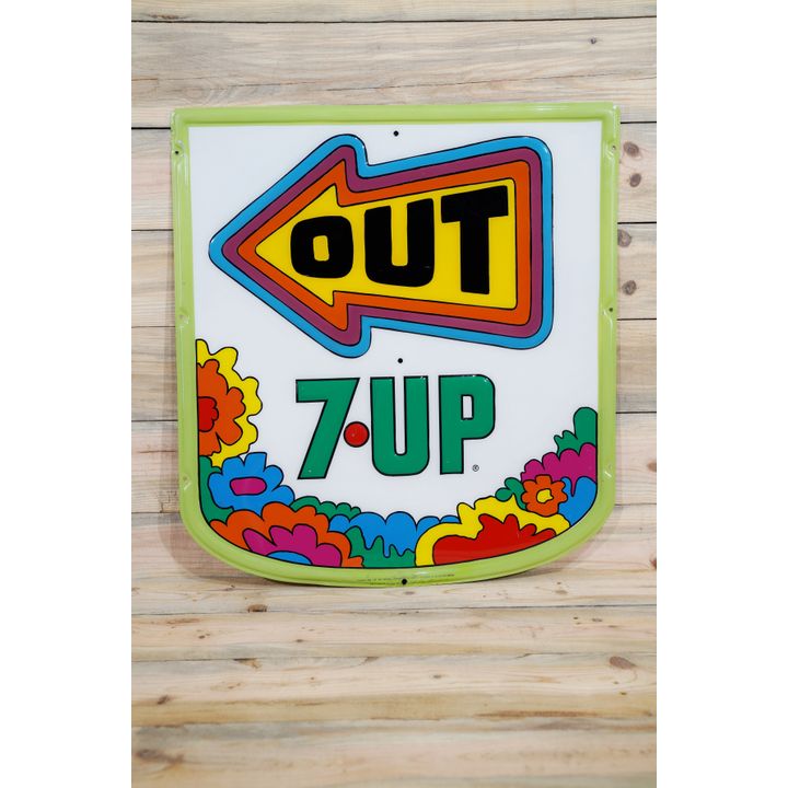 7up "Out" Peter Max Style Single Sided Tin Embossed Metal Sign TAC 9