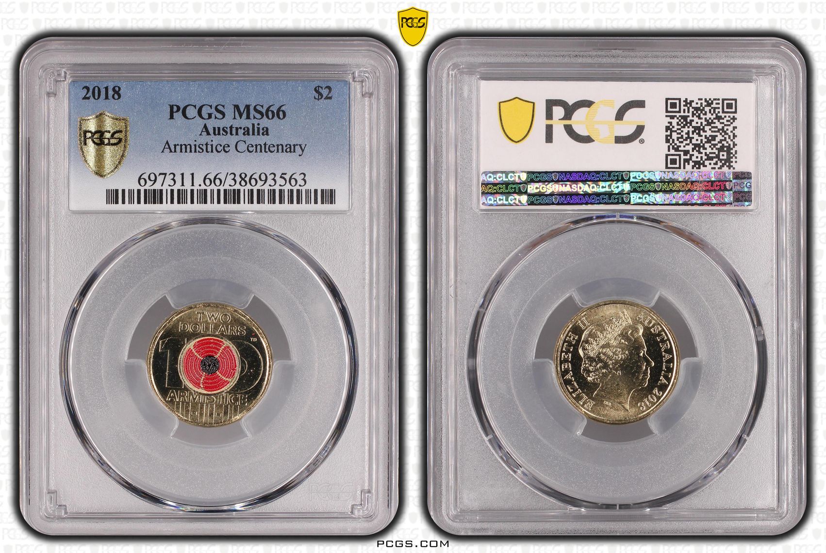 Elizabeth II, Armistice Centenary , Two Dollar, 2018, PCGS MS66