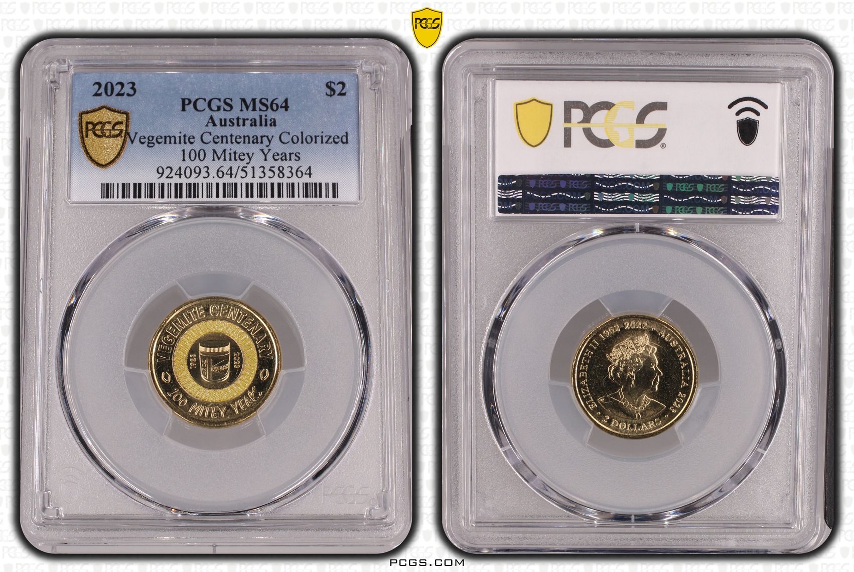 Vegemite Centenary Colorized 100 Mitey Years, Two Dollar, 2023, PCGS MS64
