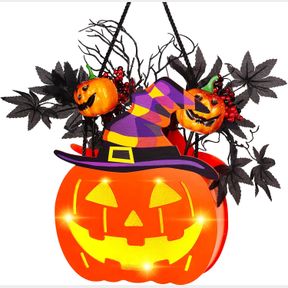 BLCTEC HALLOWEEN PUMPKIN LIGHTS, 10 INCH LIGHTED BIG JACK-O-LANTERN WITH MAPLE LEAVES, BERRIES, TWIGS, WITCH'S HAT, BATTERY-OPERAT