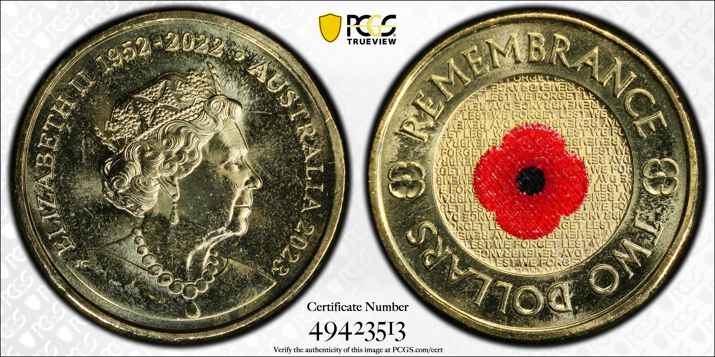 35th Ann $2 Coin Set Colourised Remembrance Red Poppy, Two Dollar, 2023, PCGS MS66
