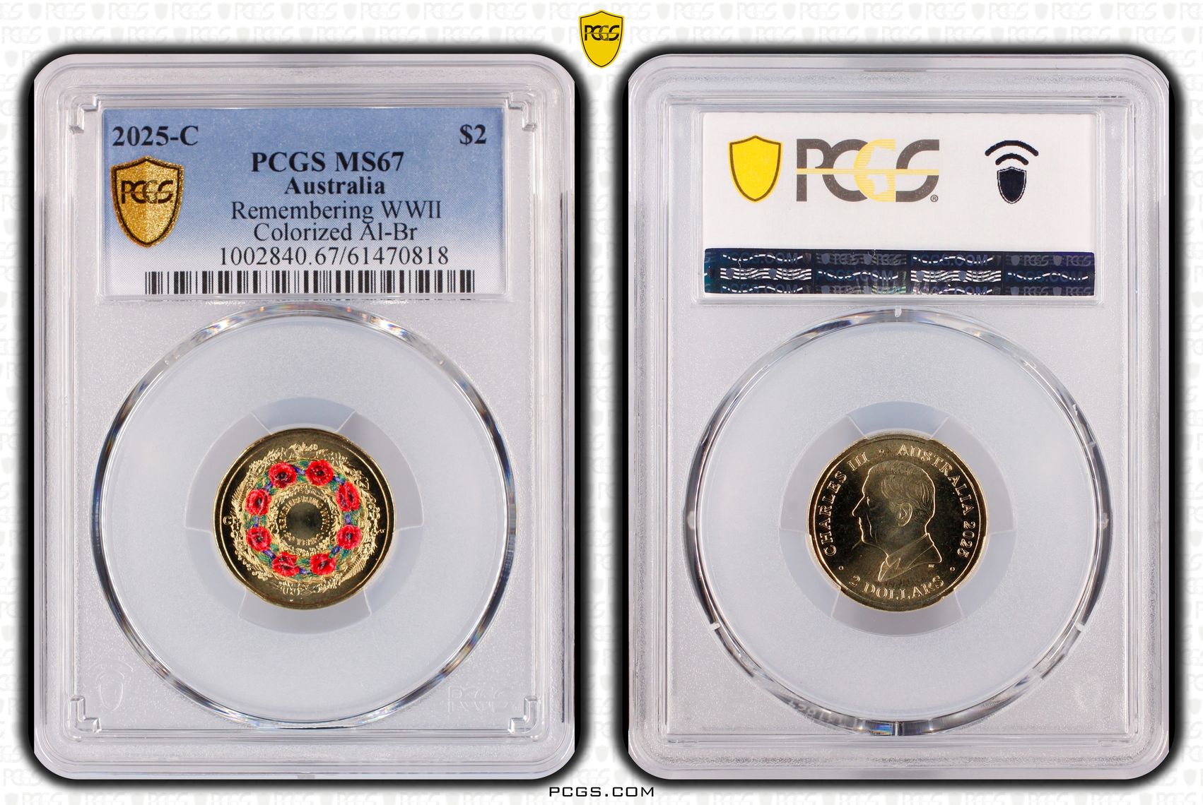 Remembering WWII Colourised AlBr, Two Dollar, 2025-C, PCGS MS67