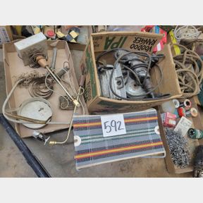 2 boxes lamp, vintage camping seat and electric drills, small bench grinder