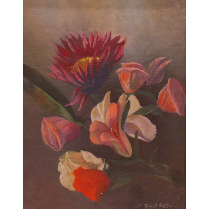 Manuel Acosta (1921-1989) ''Flores de Papel'' Oil on Board Painting. Framed Measurements 21x17''