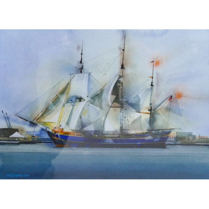Donald Stoltenberg ''Masted Ship'' 1999 Watercolor Framed