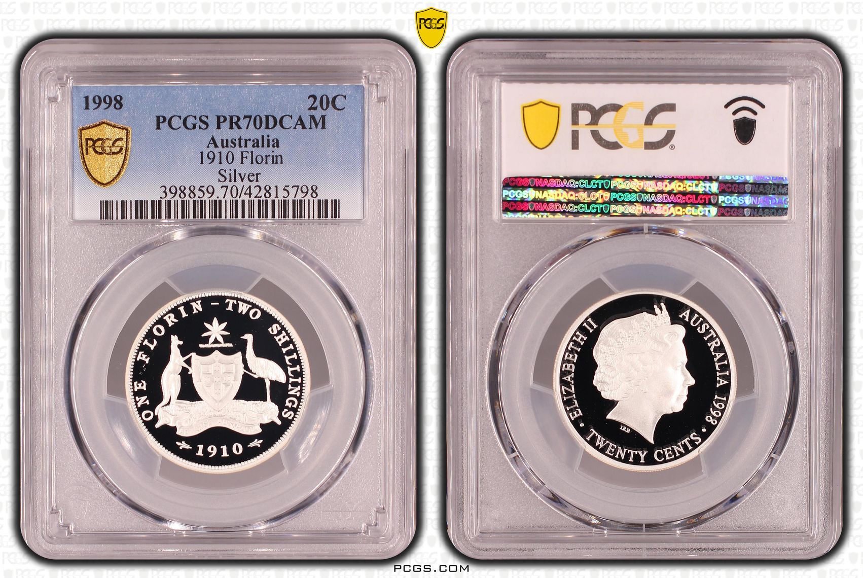 Elizabeth II, Silver, 1910 Florin, Twenty Cent, PR70DCAM , 1998 PCGS POP - 21/0