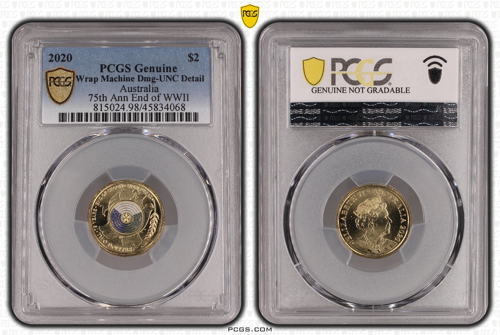 75th Ann End of WWII Colourised, Two Dollar, 2020, PCGS Genuine - UNC Details (98 - Damage)
