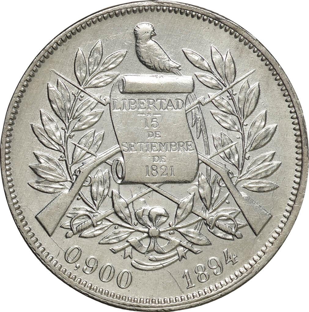 グアテマラ-Guatemala. 1894. silver. Peso. 極美. EF. 女神座像 1ペソ 