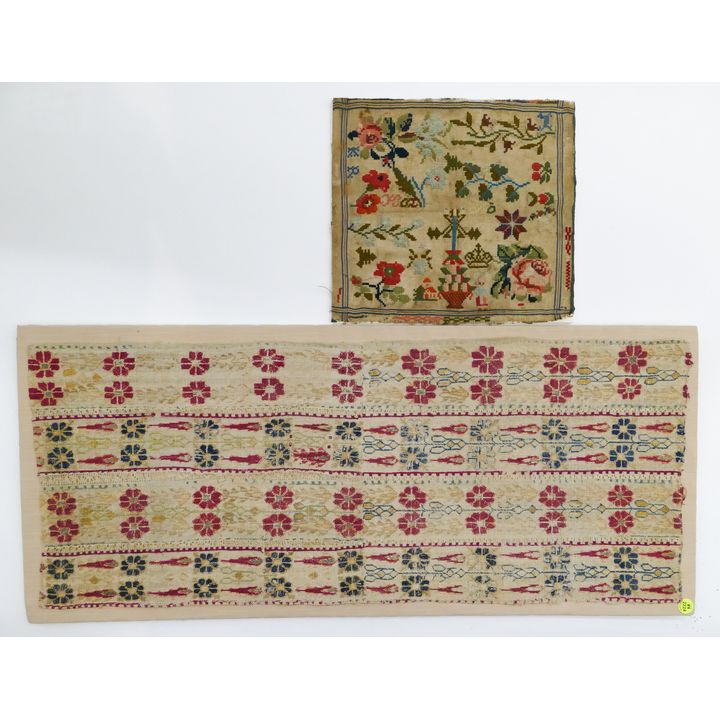 2pc Antique Needlework Textiles Mounted to Board Unframed- 11x12'' and 33x14''