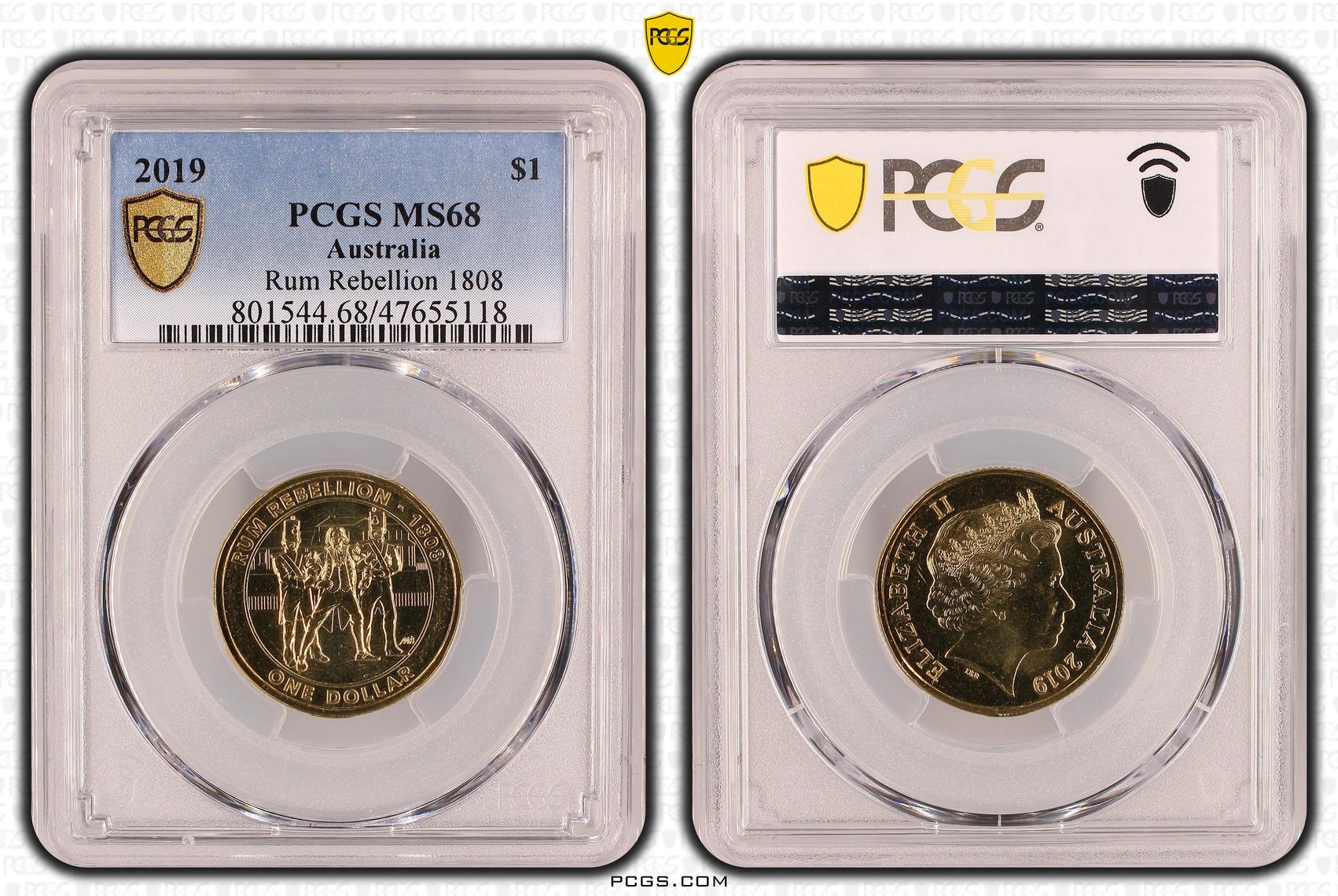397 · Elizabeth II, Rum Rebellion 1808, One Dollar, 2019, PCGS MS68