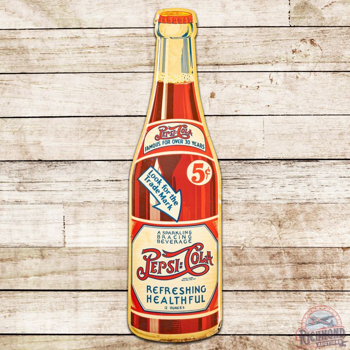 Pepsi Cola 5 Cents "Refreshing Healthful" SS Tin Die Cut Double Dot Bottle Sign