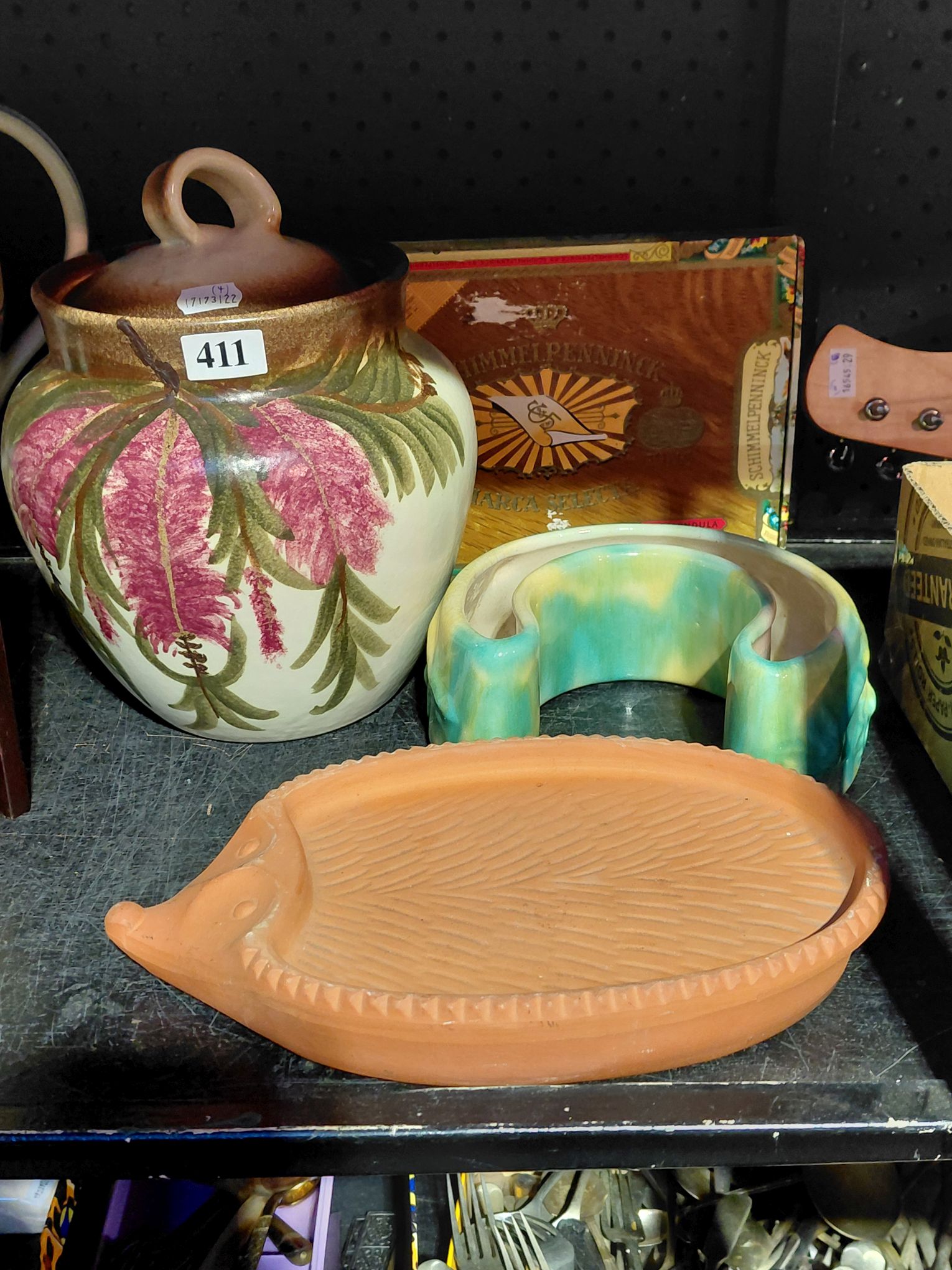 411 · POTTERY AND CIGAR BOX