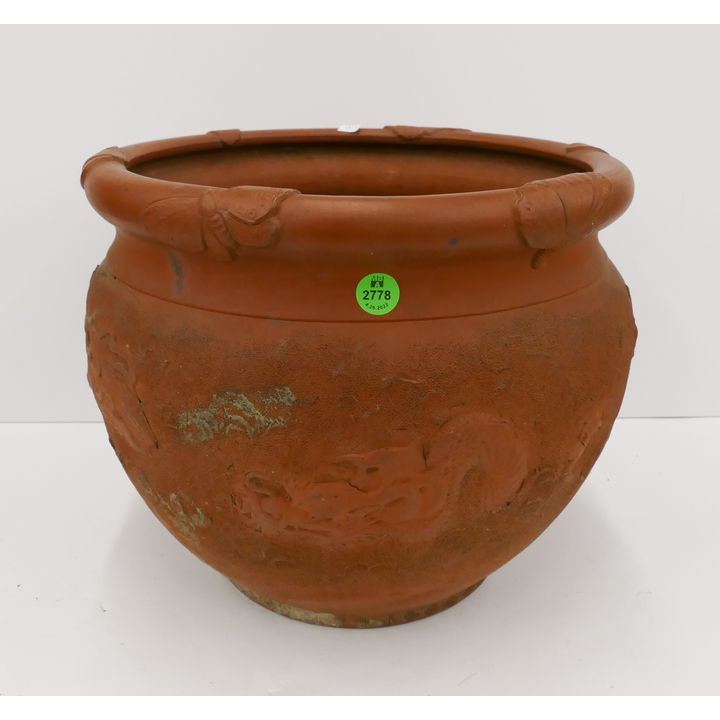 Antique Japanese Tokoname Redware Dragon Jardiniere- 10x12''