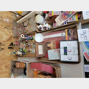 2 Boxes of Christmas figurines and embossed handkerchiefs