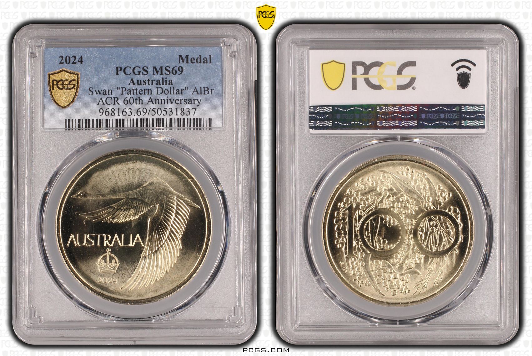 Swan "Pattern Dollar" AlBr ACR 60th Anniversary, Medal, 2024, PCGS MS69