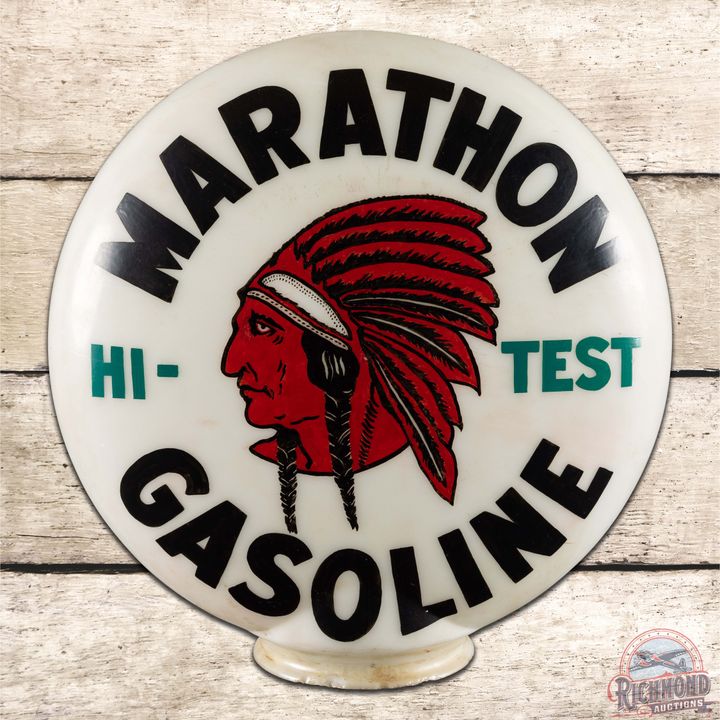 Marathon Hi-Test Gasoline OPB Milk Glass Globe Red Indian