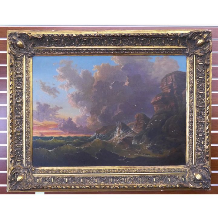 Antique European Rough Seas Large Oil Painting in Ornate Gilt Frame -35x44''