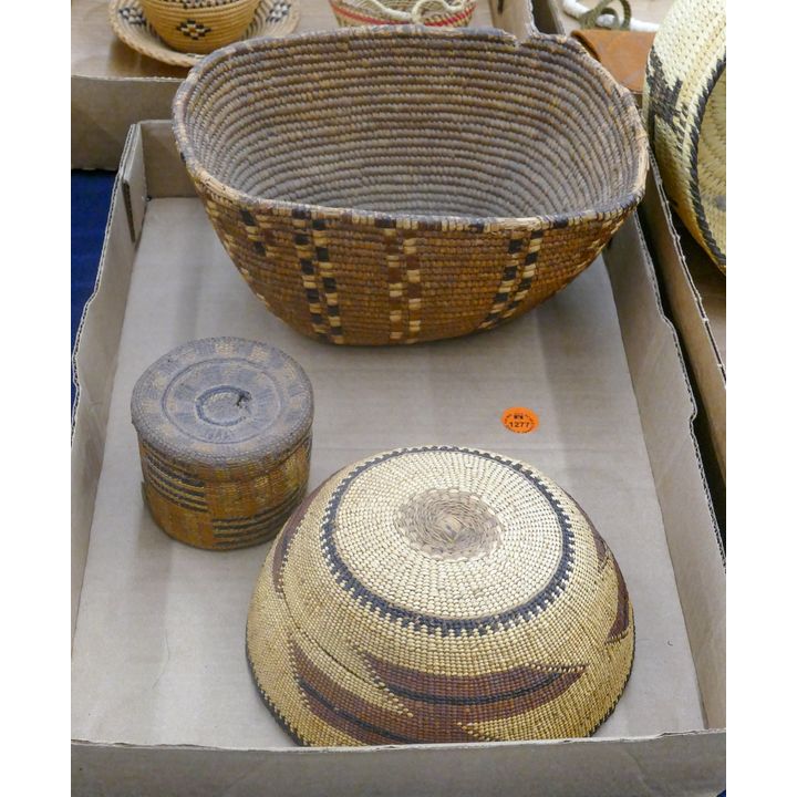 Box 3pc Old Hupa Indian Basket Hat etc.