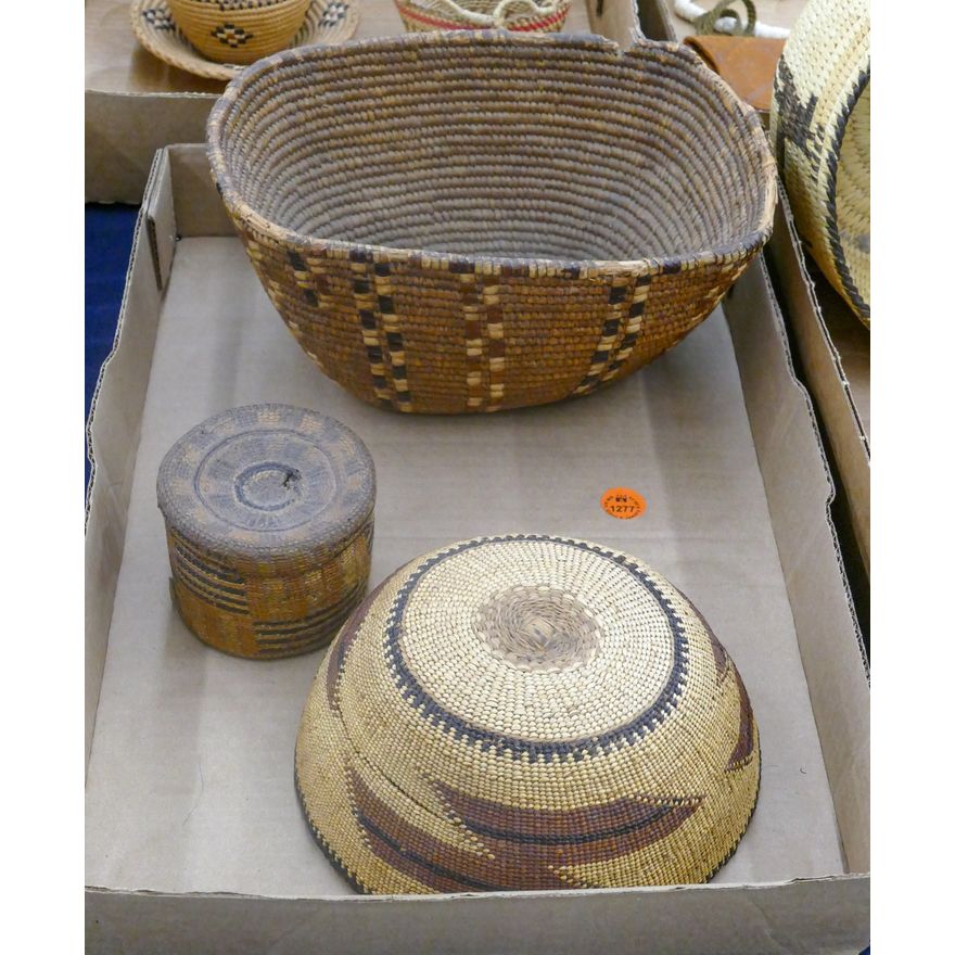 Box 3pc Old Hupa Indian Basket Hat etc.