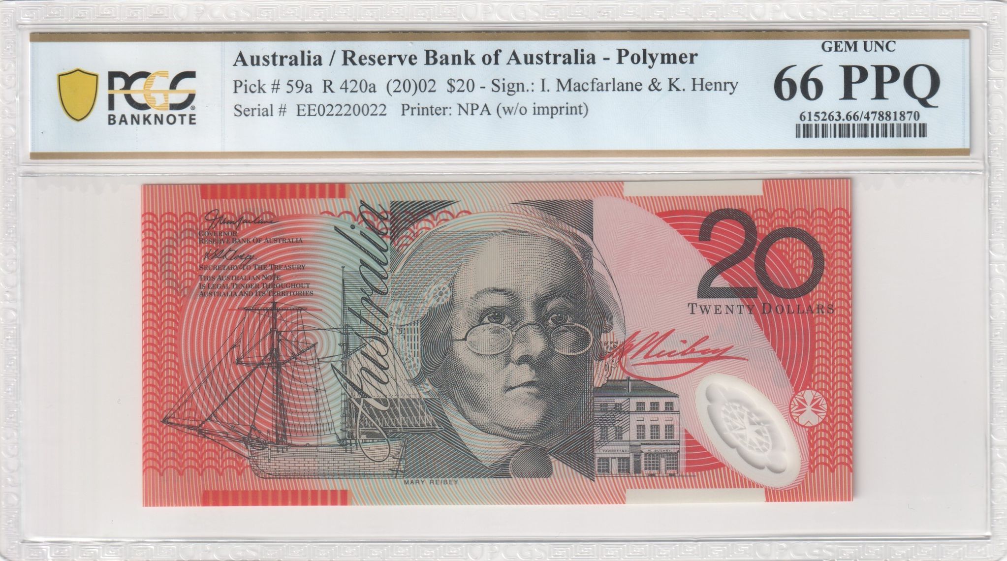 Macfarlane/ Henry, Twenty Dollar, 2002, PCGS Gem UNC 66 PPQ
