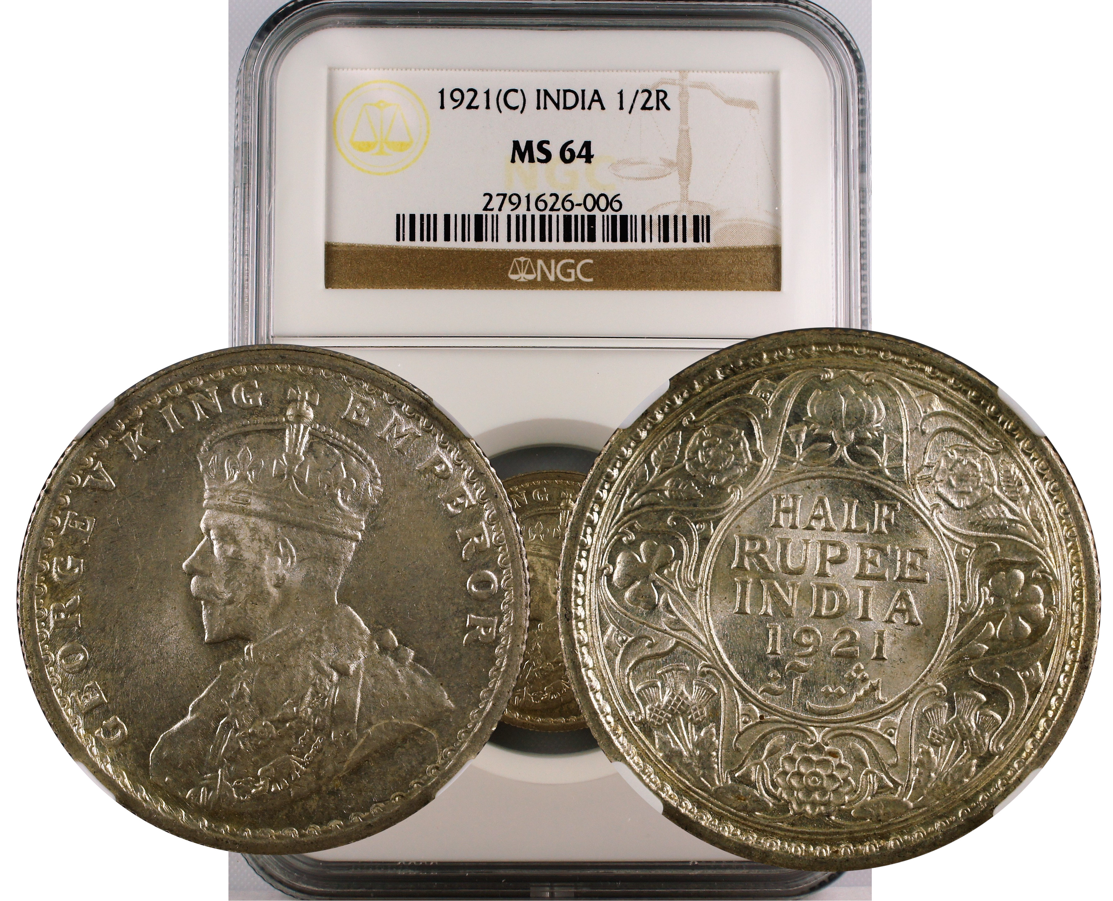 1921 C INDIA 1/2 RUPEE MS64