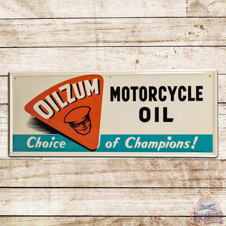 Outstanding 1966 Oilzum Motorcycle Oil "Choice of Champions" Single Sided Tin Sign w/ Logo
