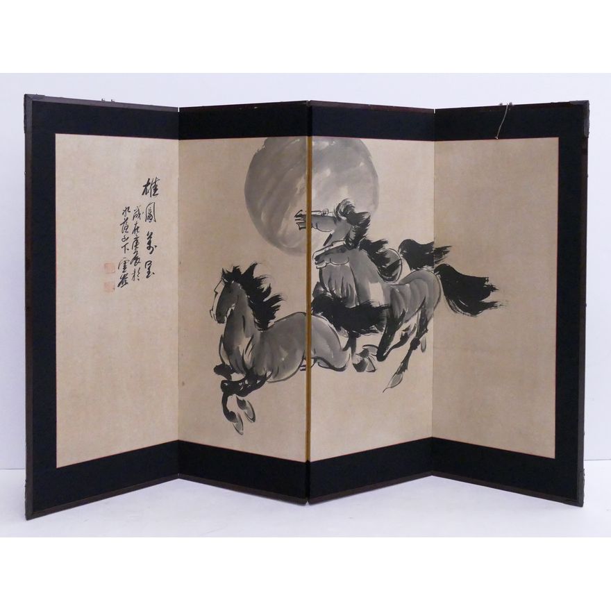 Japanese Painted 4 Panel Screen- Horses and Moon- 36x54''