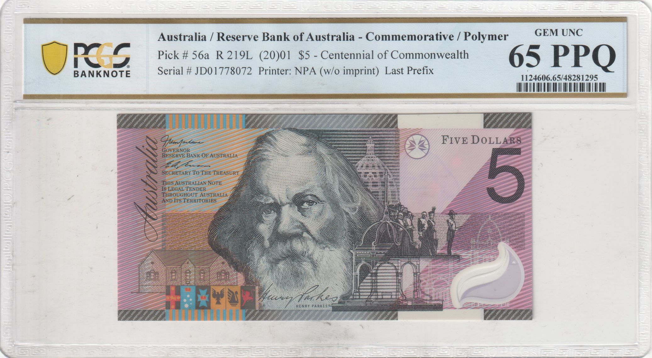 Macfarlane/Evans, Commemorative, Centennial of Commonwealth, Last Prefix, Five Dollar, 2001, PCGS Gem UNC 65 PPQ