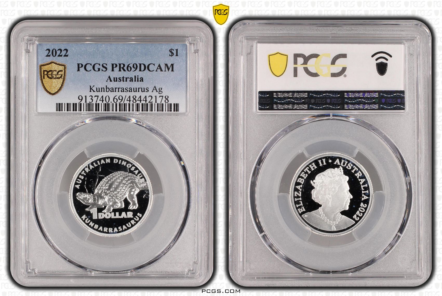 Elizabeth II, Kunbarrasaurus Silver, One Dollar, 2022, PCGS PR69DCAM