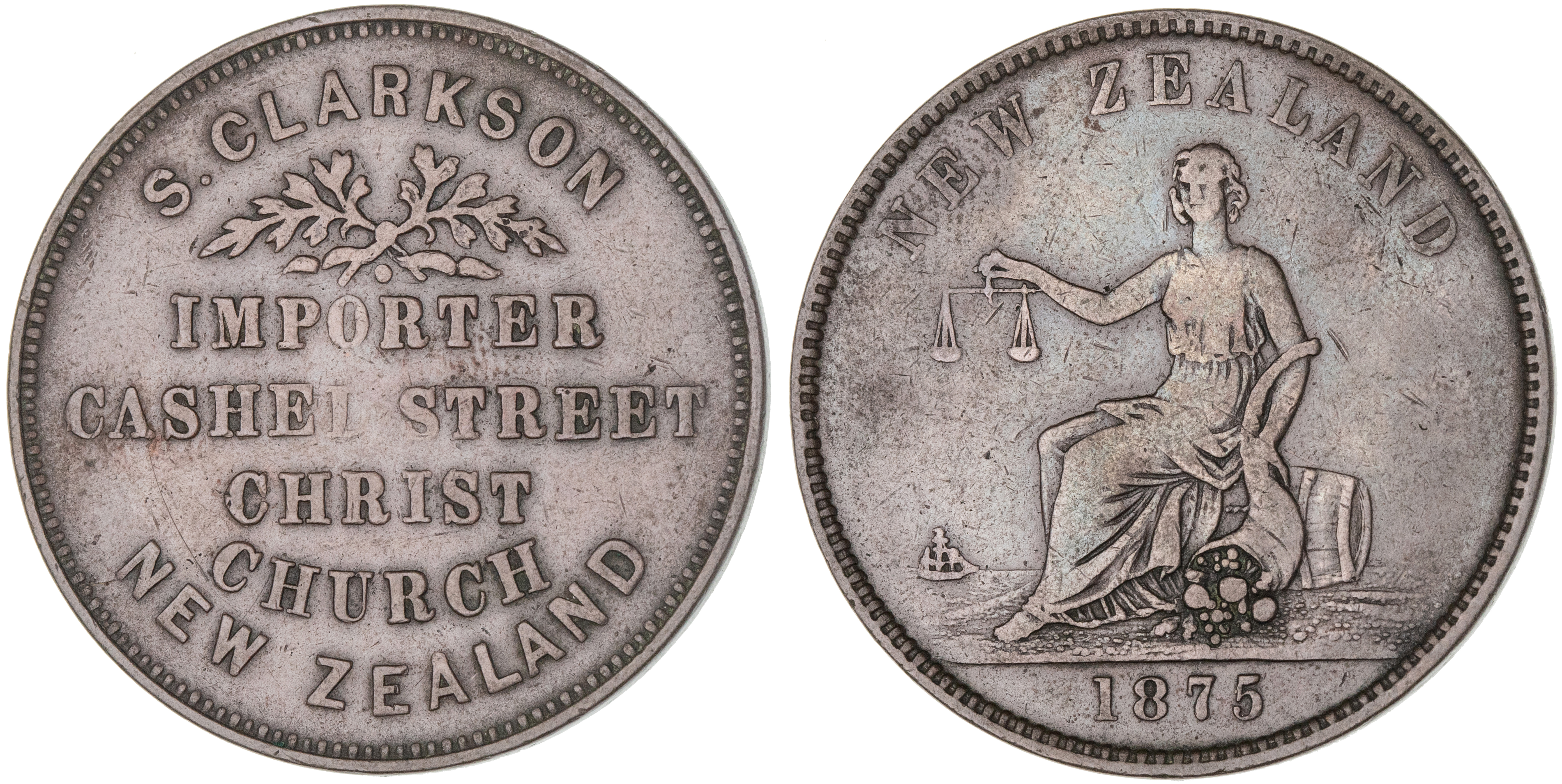 396 · Christchurch, New Zealand, S. Clarkson, Penny, 1875, VF