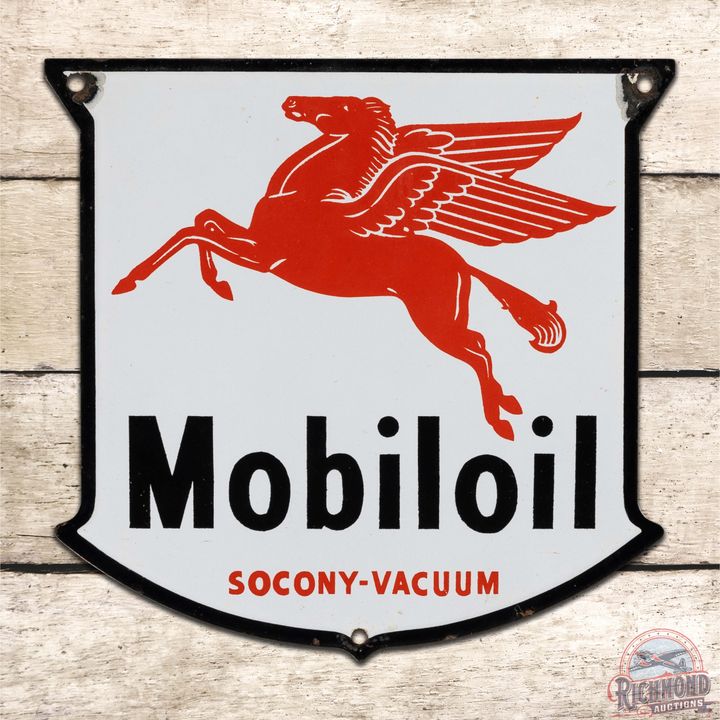 Mobiloil Socony-Vacuum Die Cut 8" Single Sided Porcelain Sign w/ Pegasus
